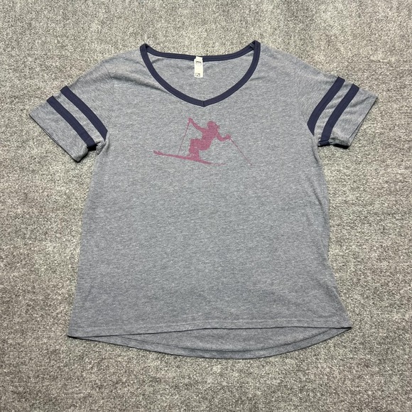 Flylow Tops - Flylow Shirt Womens Large Gray Ski Graphic Ringer V Neck Striped Short Sleeve